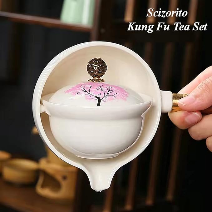 Ceramic Portable Travel Tea Set, Chinese Kungfu Tea Set with 360 Rotation Teapot and Infuser, 4 Tea Cups, Tea Tray And Travel Bag (Cherry Blossoms)