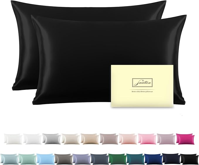Silk Pillow Cases 2 Pack,Soft Breathable and Sliky Standard Size Pillow Cases Set of 2,Natural Mulberry Silk Pillowcase Set of 2 for Hair and Skin with Hidden Zipper (Black,20"X 26",2pcs) - Bloomnest