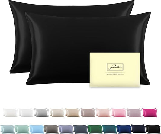 Silk Pillow Cases 2 Pack Soft Breathable and Sliky King Size Pillow Cases Set of 2,Natural Mulberry Silk Pillowcase Set of 2 for Hair and Skin with Hidden Zipper (Black,20"X 36",2pcs) - Bloomnest