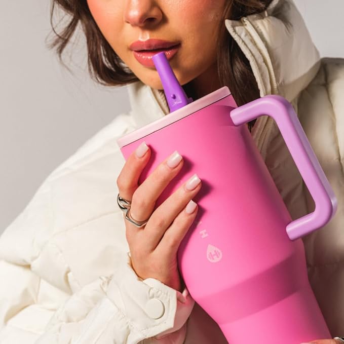 HydroJug Traveler - 40 oz Water Bottle with Handle & Flip Straw - Fits in Cup Holder, Leak Resistant Tumbler-Reusable Insulated Stainless Steel & Rubber Base - Gifts for Women & Men, Pink Sugar - Bloomnest