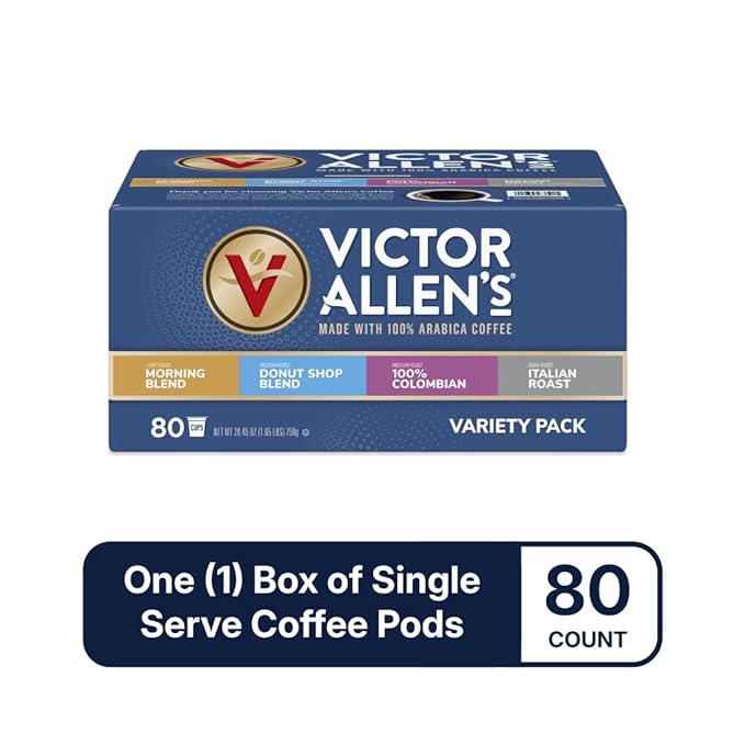 Victor Allen's Coffee Variety Pack (Morning Blend, 100% Colombian, Donut Shop Blend, and Italian Roast), 80 Count, Single Serve Coffee Pods for Keurig K-Cup Brewers - Bloomnest