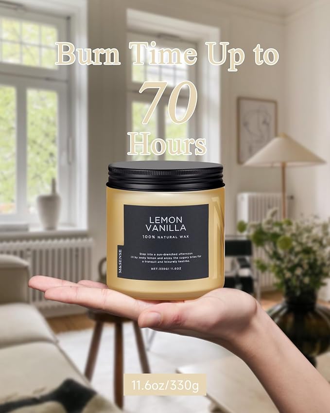 M&SENSE Candles Lemon Vanilla Scented, 11.6oz 70 Hour Long Lasting Candles for Home, 2 Wick Natural Soy Wax in Glass Jar, Stress Relief Gifts for Women and Men - Bloomnest