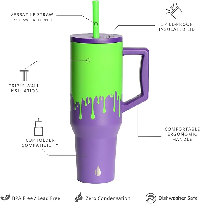 Elemental 40 oz Tumbler with Handle and Straw - Spill Proof Insulated Stainless Steel Commuter for Hot and Cold Beverages - Travel Coffee Mug with 2 Straws & Spill Proof Lid - 40oz - Poison Drip - Bloomnest