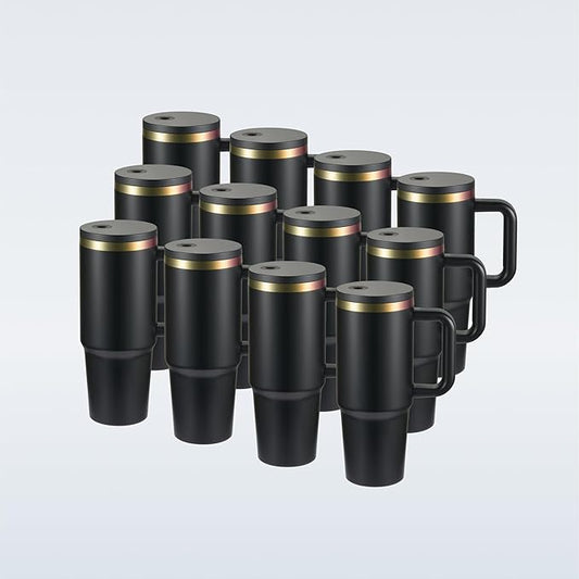 OMTech 30 oz. Tumblers with Handle & Lid, 12 Pack Tumbler Bulk with Double Wall Vacuum Insulation, Food-Grade Stainless Steel Insulated Coffee Mug, Sweatproof Travel Mug for Hot Cold Drinks, Black - Bloomnest