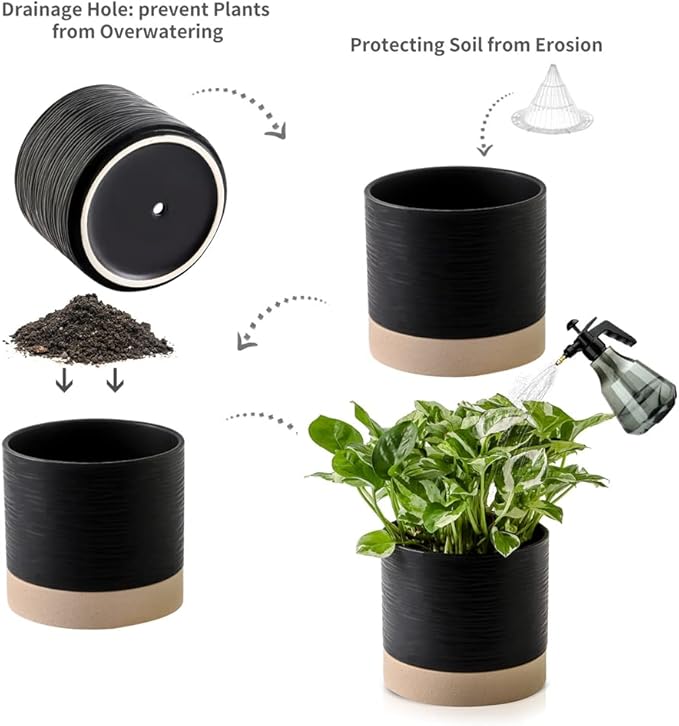 Nihow Ceramic Plant Pot: 6 Inch Planter with Drainage Hole & Saucer for Indoor & Outdoor Plants - Cylinder Round Flower Pot for Succulent/Herbs/Violets - Black & Brown - Bloomnest