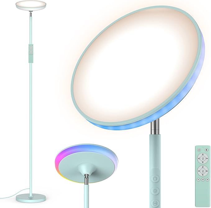 Bright Floor Lamp for Living Room, 42W LED Room Lights with Remote, 3700LM RGBW Modern Tall Standing Light, Color & Brightness Dimmable, UFO Ring Lamp,1/2/3H Timer for Bedroom,Office(Blue - Bloomnest