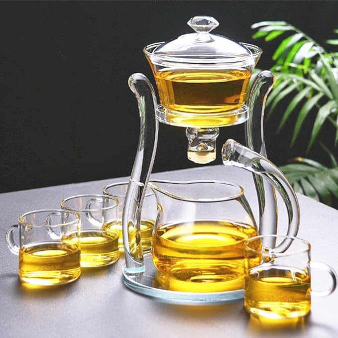 Mozeo Lazy Kungfu Semi-automatic Tea Maker - Glass Teapot with Suction Automatic Water Brewing - Office Flower Tea Set (Clear Teapot + 6pcs Cups)