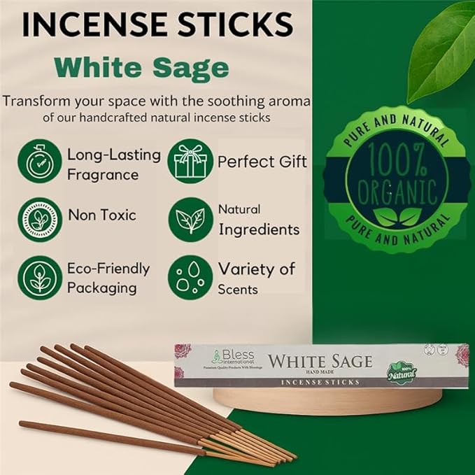 Bless-White-Sage 100%-Natural-Handmade-Hand-Dipped-Incense-Sticks Organic-Chemicals-Charcoal-Free Purification-Relaxation-Positivity-Yoga-Meditation Best-Woods-Scent (100 Sticks (5.25 OZ))