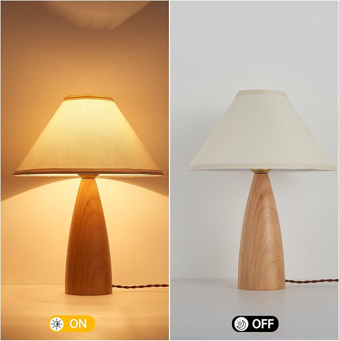 Bedside Table Lamp for Bedroom, Mid-Century Modern Plug in Fabric Shade & Solid Wood Base Desk Lamp, Plug & Play Natural Wood Nightstand Lamp for Living Room, Office, Switch Power Cord 【Bulb Included】 - Bloomnest