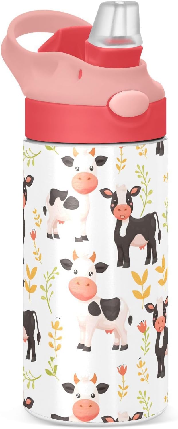 Cute Little Cow White Kids Insulated Water Bottle, Toddlers Tumbler Travel Cup with Straw & Handle Stainless Steel Cup for Travel School Girls 12 oz - Bloomnest