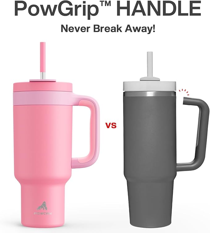 POWCAN 40 oz Tumbler with Handle, 2-in-1 Straw and Sip Lid, Leakproof, Dishwasher Safe, Insulated Stainless Steel Travel Coffee Mug, Keeps Cold for 34 Hours, Fits in Car Cup Holder (Coral) - Bloomnest