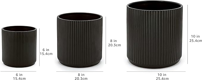 Amazon Basics Assorted Sizes Fluted Ceramic Round Planters, Set of 3, 6 inch, 8 inch, 10 inch, Black - Bloomnest