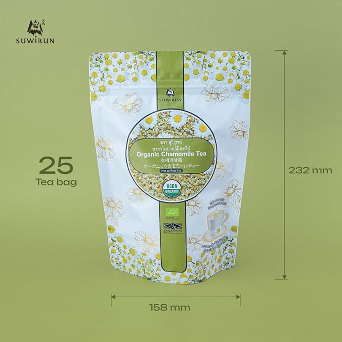 Suwirun Organic Chamomile Tea 25 Bags – 100% Chamomile Flowers – Naturally Caffeine-Free, Supports Relaxation & Sleep – Smooth & Soothing Herbal Tea - Bloomnest