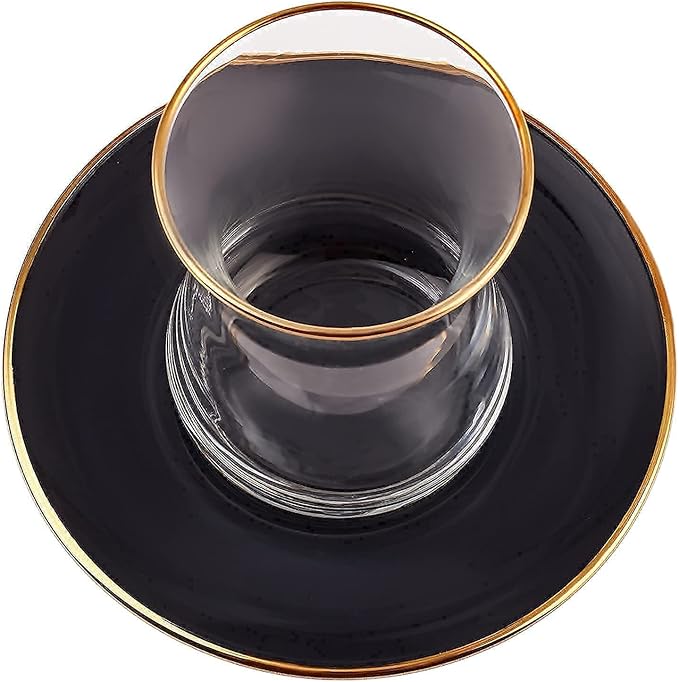 KARACA Retro Anthracite Tea Set for 6, 6 Turkish Tea Glasses, 12 Pcs, Gold Decal Details - Bloomnest