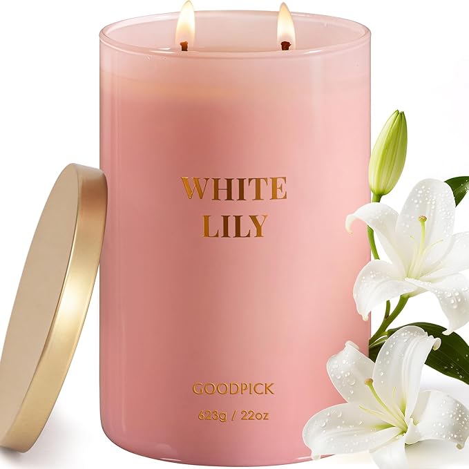 Goodpick Scented Candle White Lily, Soy Wax 22oz Long Burning 120H, Fresh Floral Citrus & Woody Musk, Home Aromatherapy Candles - Bloomnest