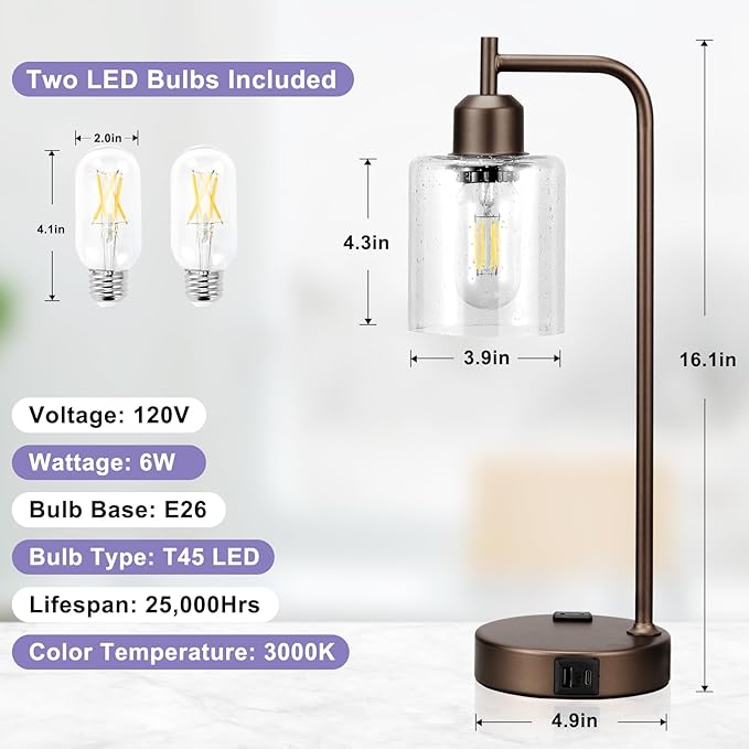 Innqoo Industrial Touch Table Lamps - 3-Way Dimmable Desk Lamps Set of 2 with USB C+A Ports and Outlet, Brown Bedside Lamps with Clear Glass Shade for Living & Bedrooms - Bloomnest