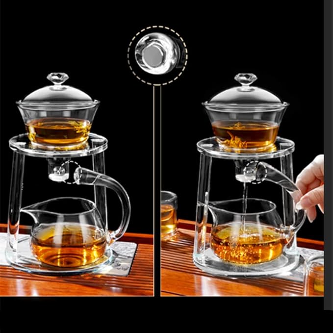 Mozeo Glass Semi-automatic Tea Set Wooden Glass Tea Set Water Diversion Rotating Cover Bowl Lazy Tea Maker Teapot Kungfu Fu teacup (Glass Clear Handle Teapot Set) - Bloomnest