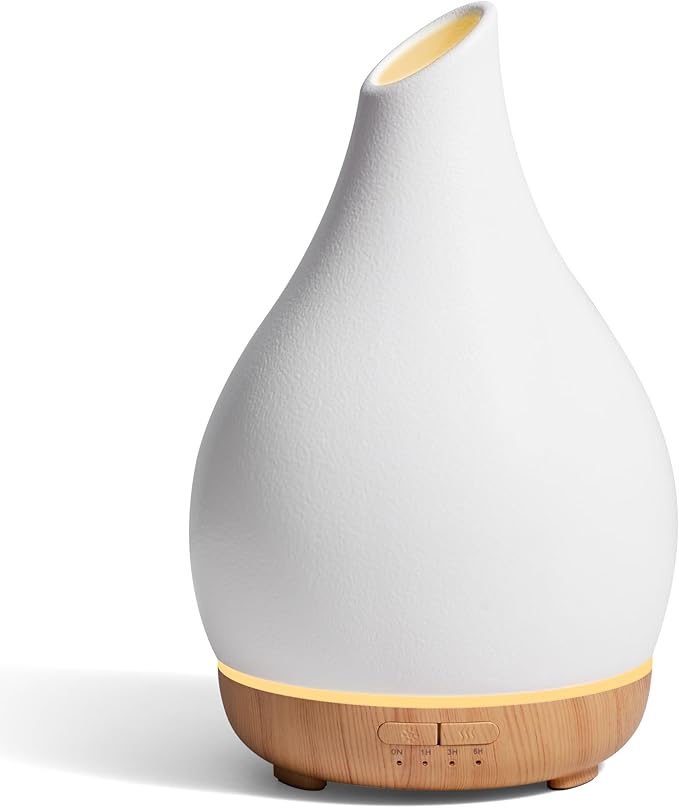 InnoGear Essential Oil Diffuser, 300ml Ceramic Diffuser for Home Handcrafted Stone Aromatherapy Diffusers Ultrasonic Cool Mist Humidifier Vaporizer 4 Timers, White Vase-Shaped Ceramic, Large - Bloomnest