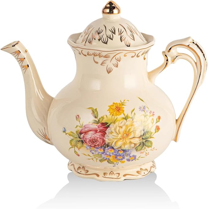 YOLIFE Flowering Shrubs Teapot, 25 oz/ 3 Cup Vintage Ivory Ceramic Tea Pot, Ivory Floral Teapot with Gold Trim - Bloomnest