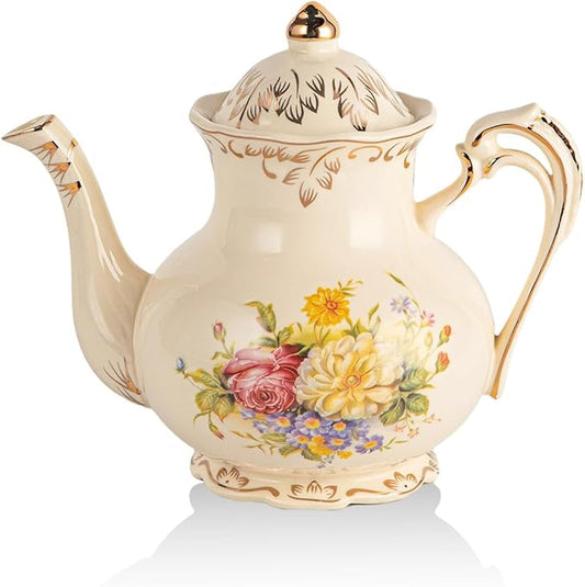 YOLIFE Flowering Shrubs Teapot, 25 oz/ 3 Cup Vintage Ivory Ceramic Tea Pot, Ivory Floral Teapot with Gold Trim - Bloomnest