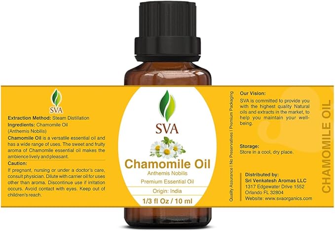 SVA Chamomile Essential Oil – 1/3 Fl Oz – 100% Natural Chamomile Oil - for Diffuser, Hair Care, Face, Skin Care, Aromatherapy, Scalp and Body Massage, Soap and Candle Making - Bloomnest