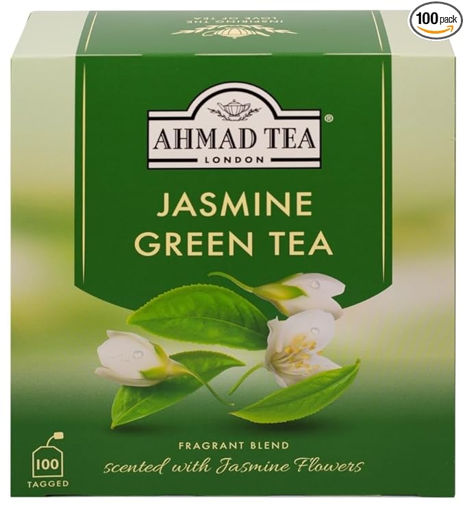 Ahmad Tea Jasmine Green Tea, Tagged Teabags without envelopes, 100 Count - Bloomnest