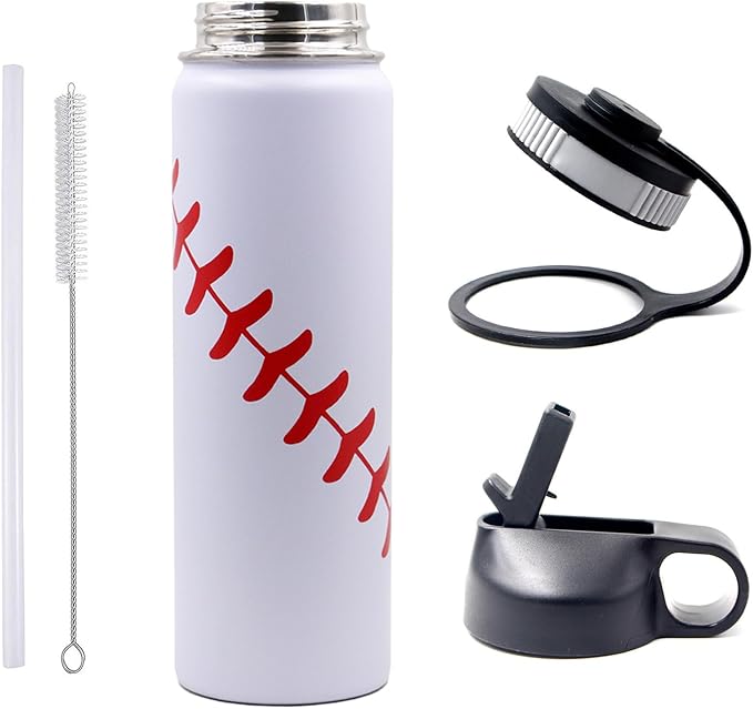 22 oz Baseball Water Bottle, Sports Flask Metal Travel Tumbler with 2 Lids, Stainless Steel Double Wall Vacuum Insulated Leak Proof Thermo Water Bottles, Baseball Accessories Gifts for Mom Boys Girls - Bloomnest