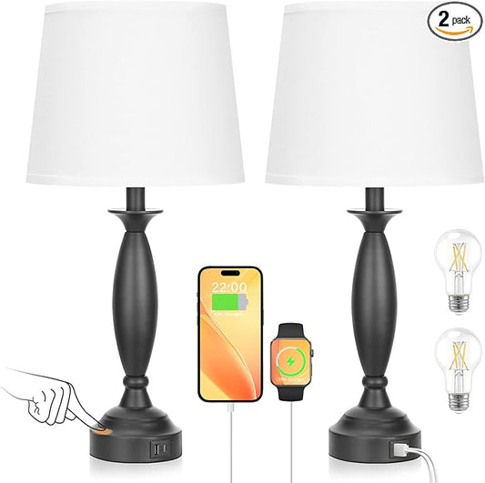 White Lamps for Bedrooms Set of 2 - Touch Control Bedside Lamp with USB C+A, 3 Way Dimmable Nightstand Lamps with USB Port, Table Lamp for Living Room(White Shade and Black Base) - Bloomnest