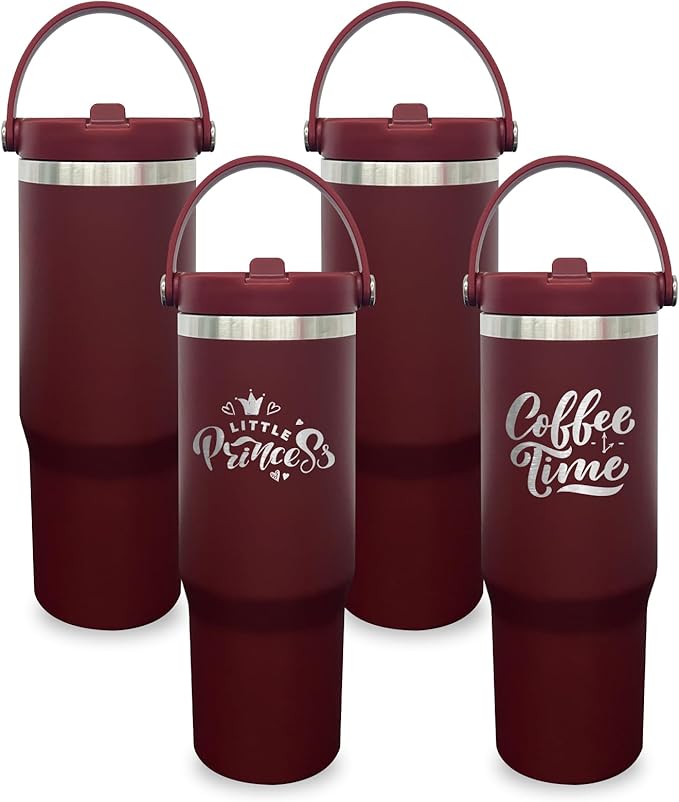 30 oz Tumbler with Handle, Double Wall Vacuum Insulated Tumblers with Flip Straw, Coffee Mug 30oz Powder Coated Cup for Hot and Cold Drinks(Red,4 pack)