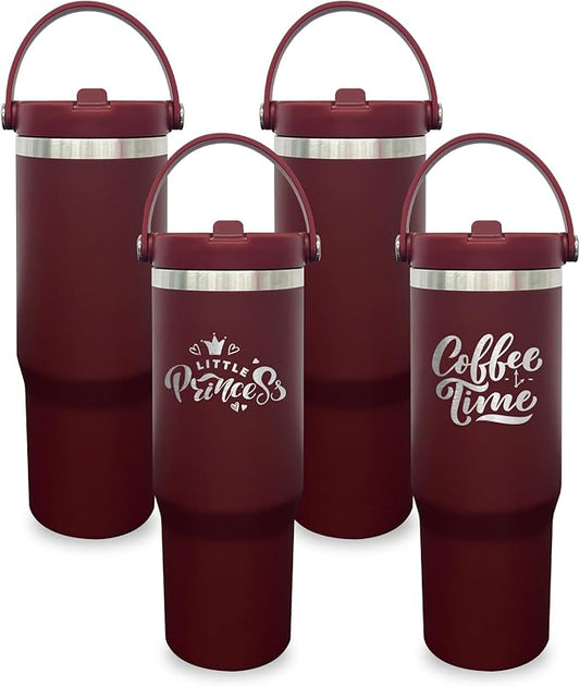 30 oz Tumbler with Handle, Double Wall Vacuum Insulated Tumblers with Flip Straw, Coffee Mug 30oz Powder Coated Cup for Hot and Cold Drinks(Red,4 pack)