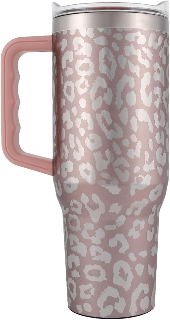 Yukon Outfitters Fit Forty 40oz Double Wall Vacuum Insulated Stainless Steel Tumbler with Reusable Straw & Ergonomic Handle | For Hot or Cold Beverage, Rose Gold Leopard - Bloomnest