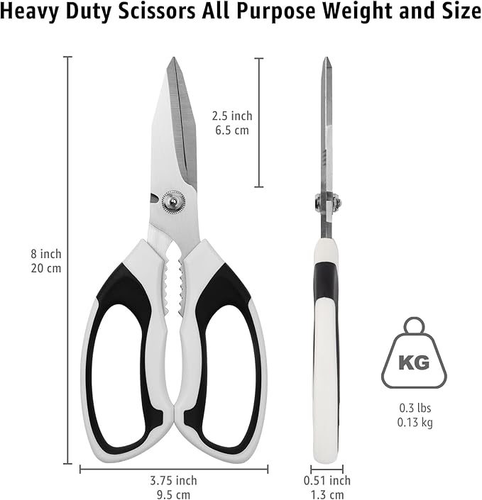 8-Inch Heavy Duty Utility Scissors All Purpose, Serrated Blade, White Comfort Grip for Cutting Carpet, Cardboard, Leather, Fabric, Multipurpose Sharp Shears for Kitchen, Garden, Office, Carft - Bloomnest