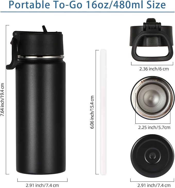 Volhoply 16 OZ Kids Water Bottle Bulk 4 Pack,Insulated Sports Bottles with Straw Lid,Stainless Steel Bottle with Handle Keep Cold & Hot,Double Wall Vacuum Tumbler Cups for School,Girls(Black, 4) - Bloomnest
