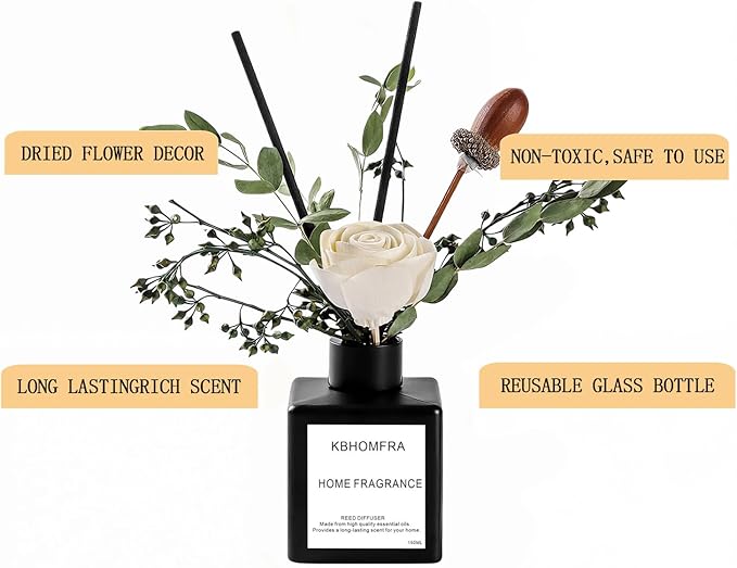 Reed Diffuser Set with Dried Flowers, Jasmine Gardenia Sandalwood Scent, Black Glass Bottle, 5.07fl oz, Aromatherapy Home Fragrance for Bedroom Bathroom (Pure White Gardenia) - Bloomnest