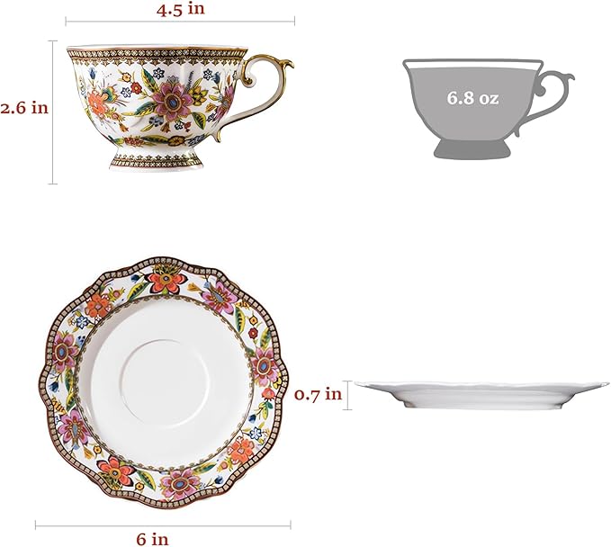 ACMLIFE Bone China Tea Cup and Saucer Set for 1, Vintage Floral Tea Cup with Saucer, Spoon and Gift Box, 6.8 oz (Pink-A) - Bloomnest