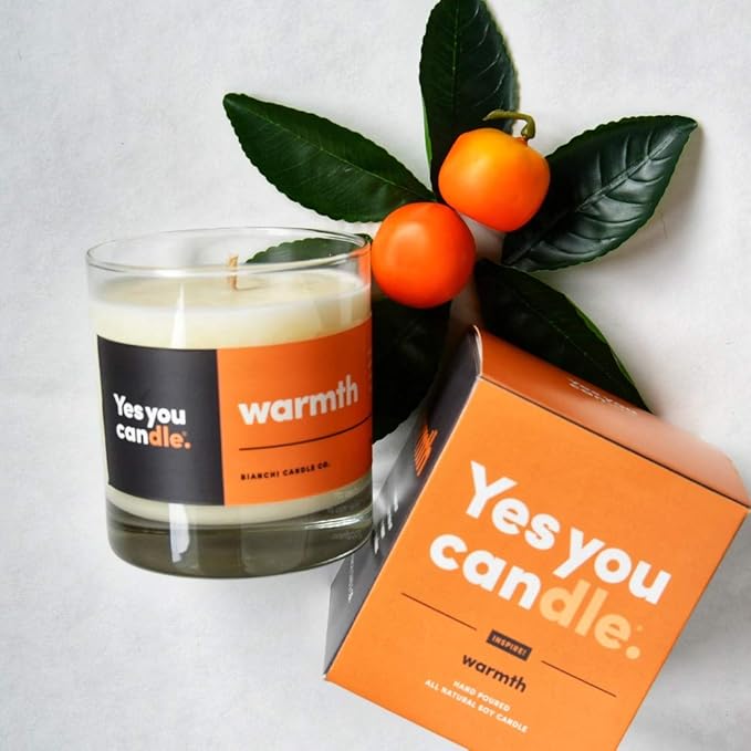 Warmth, Inspirational 8oz Highly-Scented Soy Candle, Made in USA, Great Message, Pure Essential Oils, Aromatherapy, 100% Pure, Buttered Rum & Tangerine - Bloomnest