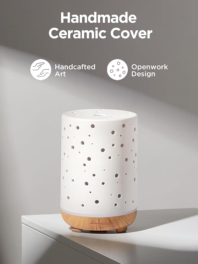 InnoGear Essential Oil Diffuser, 150ml Ceramic Ultrasonic Air Humidifier Cool Mist Aromatherapy Diffuser with 2 Mist Modes, Waterless Auto Off for Home Office, White - Bloomnest