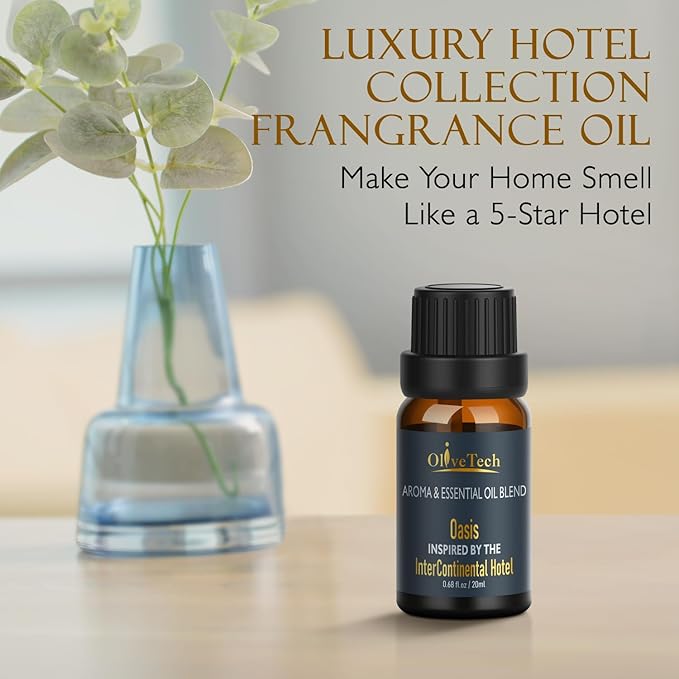 Hotel Diffuser Oil 20ml – Inspired by Intercontinental Hotel Oasis Scent, OliveTech Aromatherapy Fragrance Oil for Cold Air & Ultrasonic Diffusers, Glass Bottle (0.68 fl oz) OliveTech