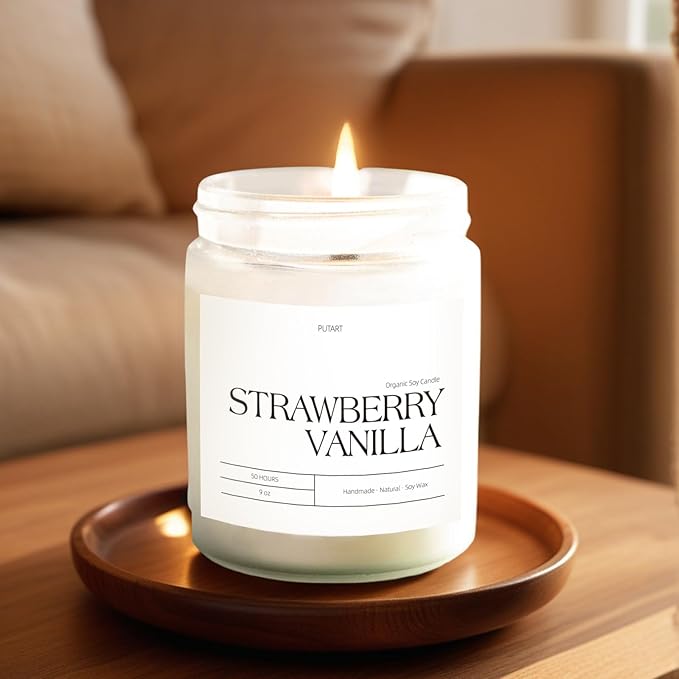 Strawberry Vanilla Highly Scented Candle for Home, 9oz Natural Soy Aromatherapy Non Toxic Candles with Essential Oil, Home Fragrance Stress Relief & Meditation Jar Candles Gifts for Women & Men - Bloomnest