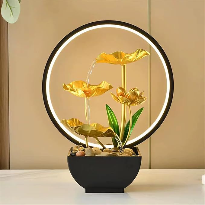 Tabletop Water Fountain with Led Light, Gold Lotus Waterfall Fountain Indoor 11 in USB Powered Flower Waterfall Zen Table Fountains with 1 Replacement Water Pump - Bloomnest