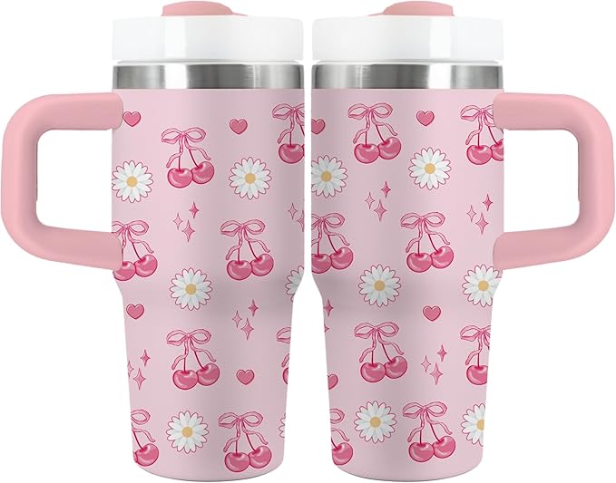 Cherry Bow Gifts for Girls - 14oz Kids Tumbler with Handle and Straw, Stainless Steel Insulated Water Cup, for Sport, School, Travel - Pink Bow Cherry Themed Children Birthday Gift Cup(1pc) - Bloomnest