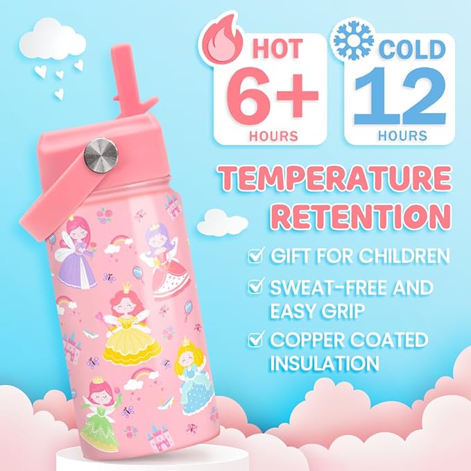 Princess Water Bottle for Girls - Kids Water Bottle with Straw Lid - 12 Oz Insulated Stainless Steel Water Bottles for Kid - Travel Cup for School Sports - Bloomnest
