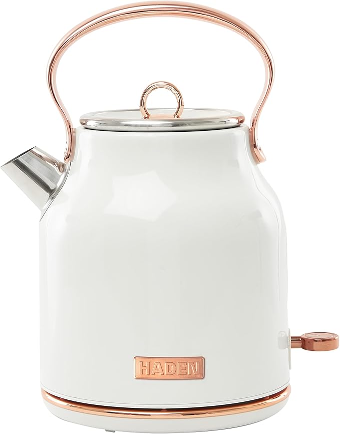 Haden Heritage 1.7 Liter Stainless Steel Electric Kettle, Hot Water Kettle with 360-Degree Base and Auto Shutoff, Ivory & Copper - Bloomnest