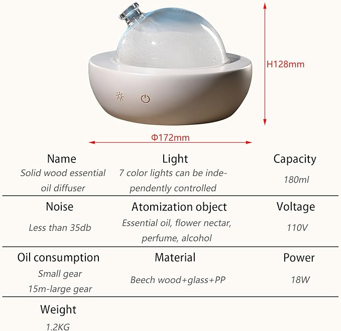 Glass Essential Oil Diffuser with Real Wood Base, 180ml Aromatherapy Diffuser with 2 Mist Modes, 7 Colors LED Light Ultrasonic Cool Mist Humidifier for Home and Office Bloomnest