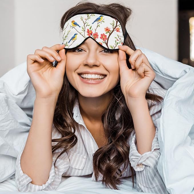 Cute Blue Birds Sleep Eye Mask Eye Cover Tree Branch Green Leaves Red Flower Silk Eye Mask for Sleeping with Adjustable Strap for Travel Nap Shift Work Office - Bloomnest