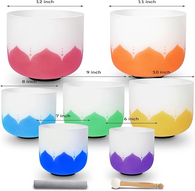 Leize 6-12 inch Lotus Design Chakra Tuned 432hz Set of 7 Quartz Crystal Singing Bowls with Heavy Duty Carrying Cases and Singing Bowl Mallet Suede Strikers
