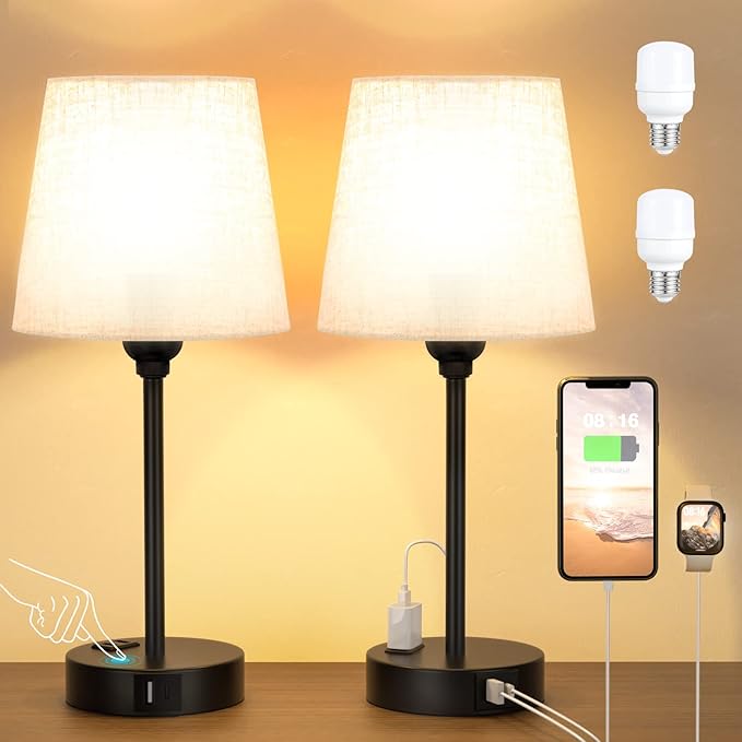 Mini Bedside Lamps for Bedrooms Set of 2 - Nightstand Bedroom Lamps with USB C Port and AC Outlet Charging, Dimmable Touch Small Bed Side Table Lamp, Black Night Stand Light for Kids/Guest Room - Bloomnest