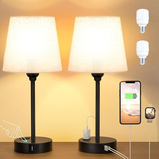 Mini Bedside Lamps for Bedrooms Set of 2 - Nightstand Bedroom Lamps with USB C Port and AC Outlet Charging, Dimmable Touch Small Bed Side Table Lamp, Black Night Stand Light for Kids/Guest Room - Bloomnest