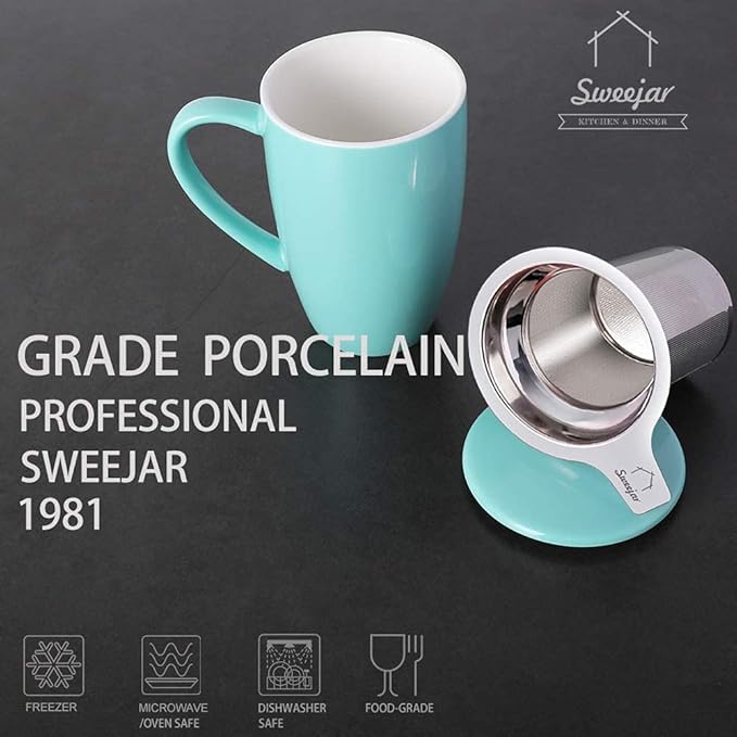 Sweejar Porcelain Tea Infuser Mug with Lid, 16 oz Teacup with Strainers for Loose Leaf Tea, Microwave and Dishwasher Safe Coffee Mug(Turquoise) - Bloomnest