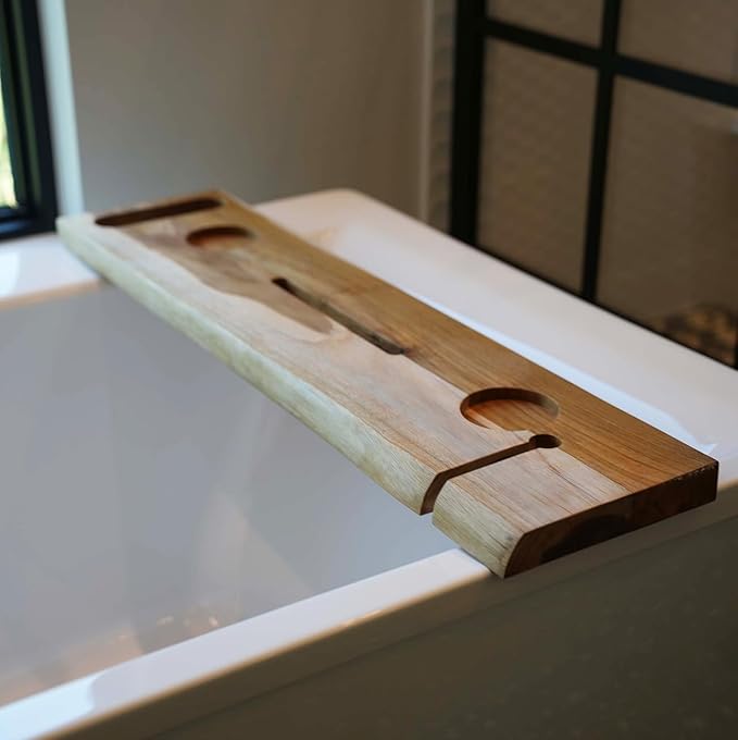 EcoDecors Eleganto 36" Live Edge Solid Teak Bath Caddy Tray with Handle, Book & Tablet Holder, Wine Glass Holders, Luxury Bathtub Tray - Bloomnest